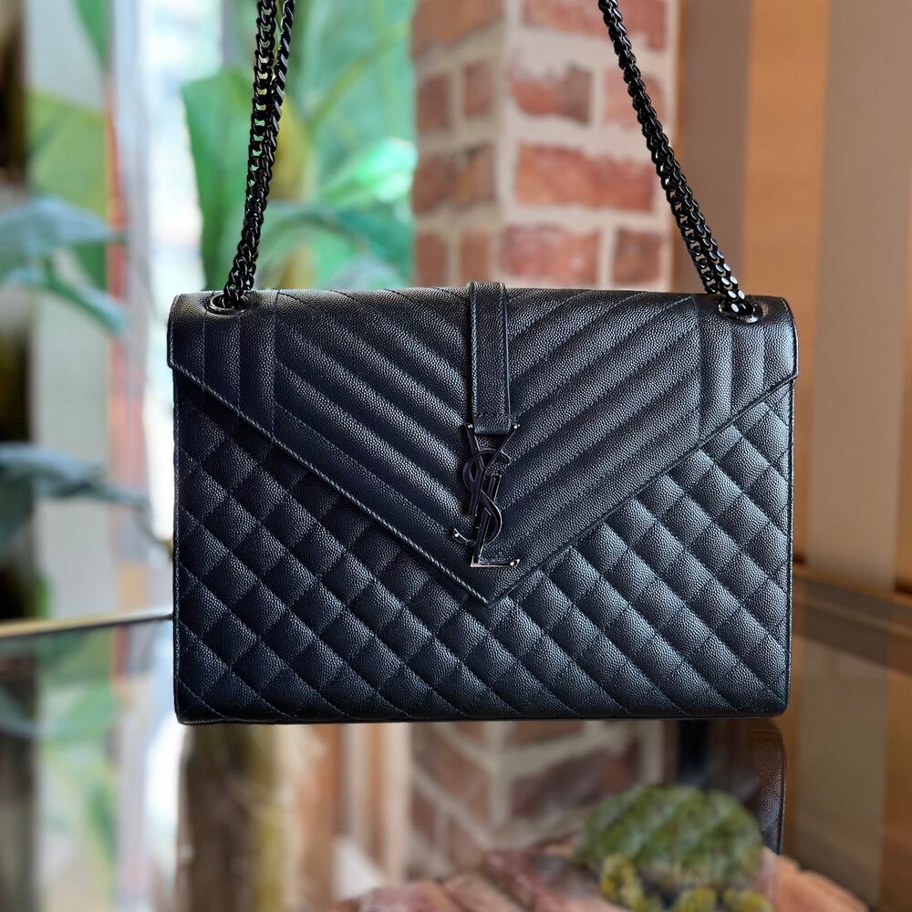 SAINT LAURENT Triquilt Large Black on Black Grain De Poudre Leather Shoulder Bag